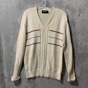 Jantzen Sweater Women's Large Cream Cable Knit Striped USA‎ Made Vintage Flaw
